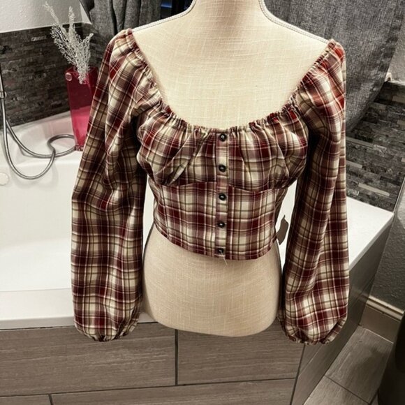 Love Tree Large Cropped Plaid Off-Shoulder Top - Red and Cream - Picture 2 of 5